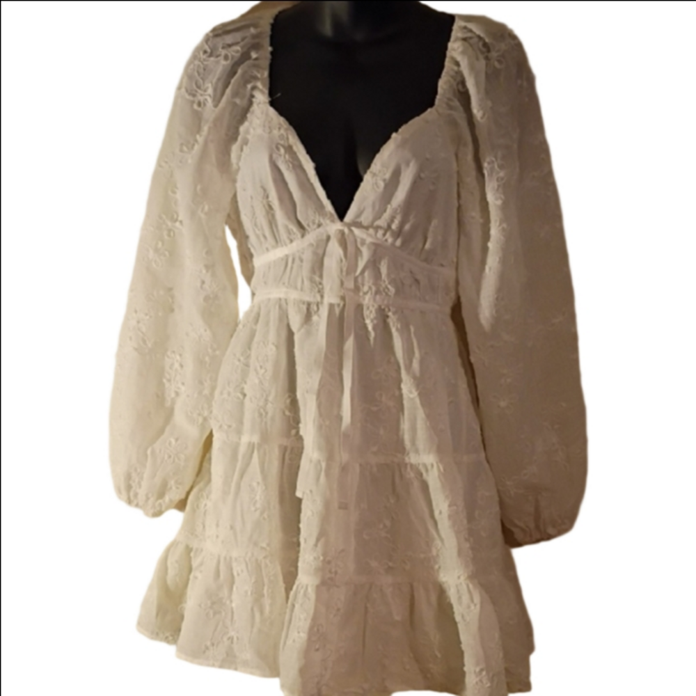 Off  White Lace / Embroidery Long Sleeve Dress